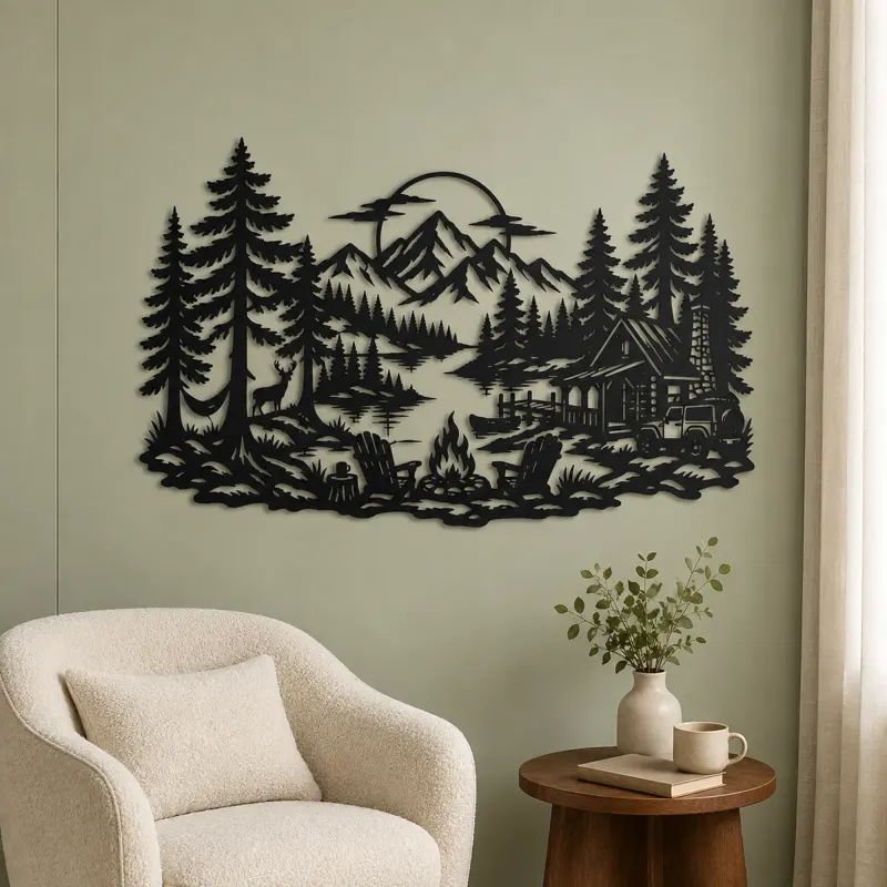 Campfire in the Pines Metal Wall Art | Nature Silhouette Decor - lifestyle view 2