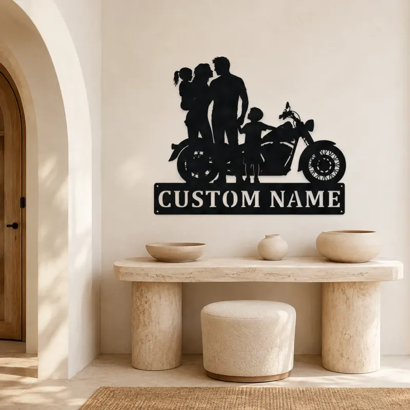 Personalized Classic Motorcycle Family with Toddler Metal Wall Art - lifestyle view 3