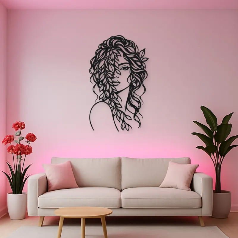 Leaf Veil Face Metal Wall Art | Minimalist Woman Line Art