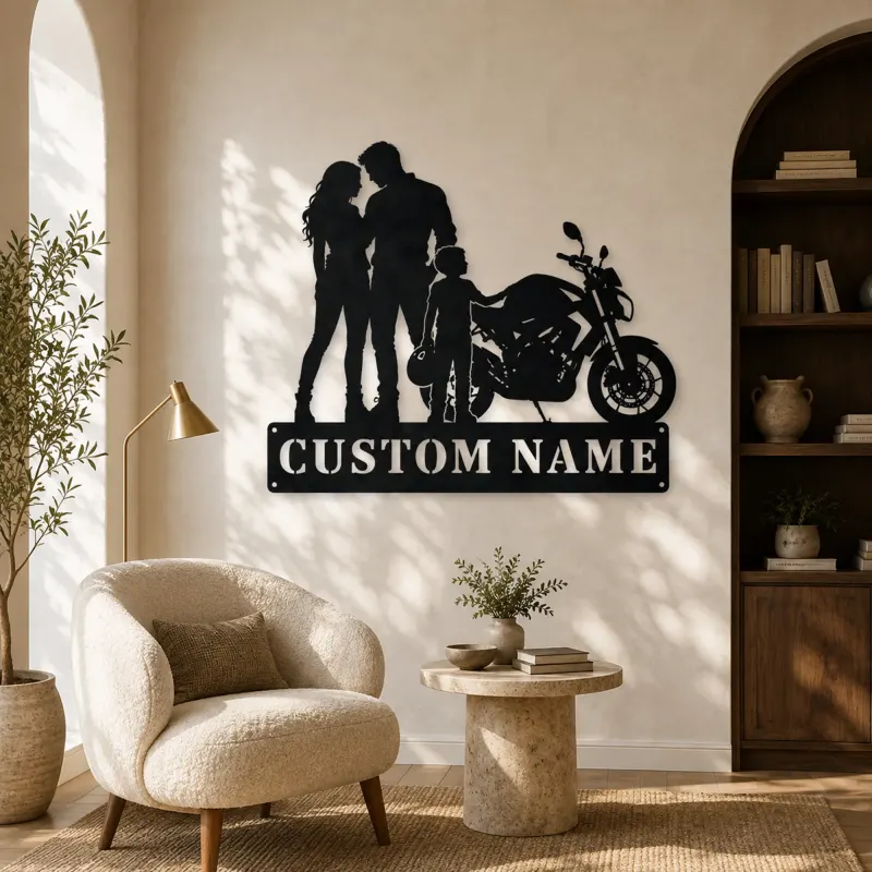 Personalized Motorcycle Family with Helmet Carrying Child Metal Wall Art - lifestyle view 5