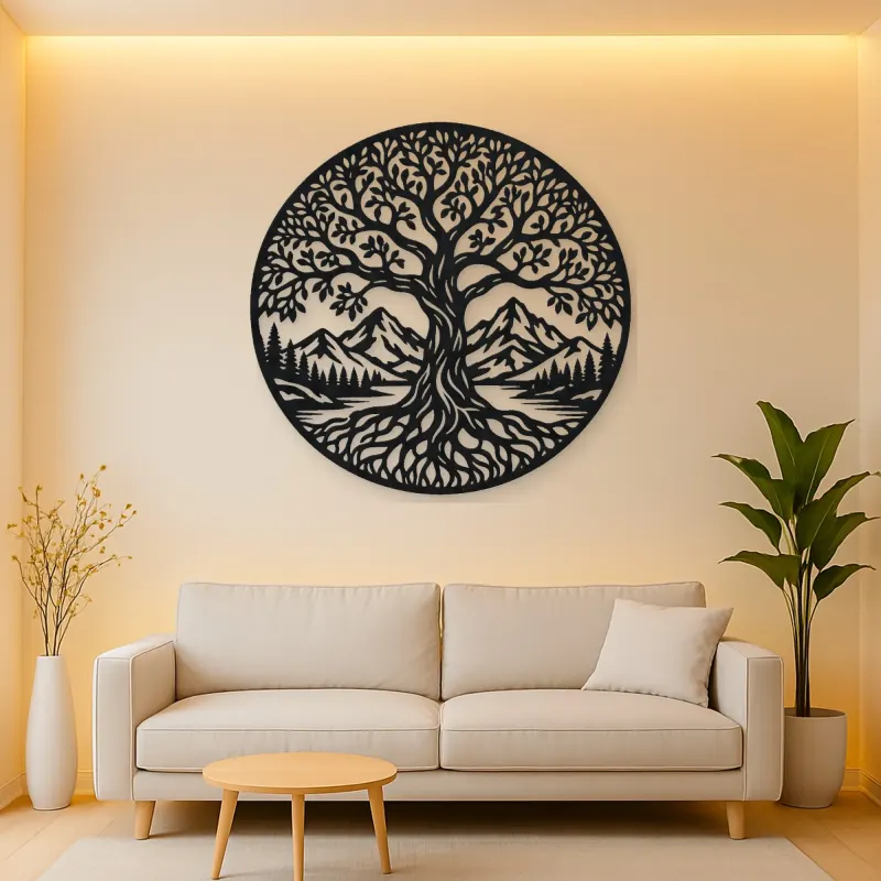 Tree and Mountain Circle Metal Wall Art | Botanical Metal Wall Decor
