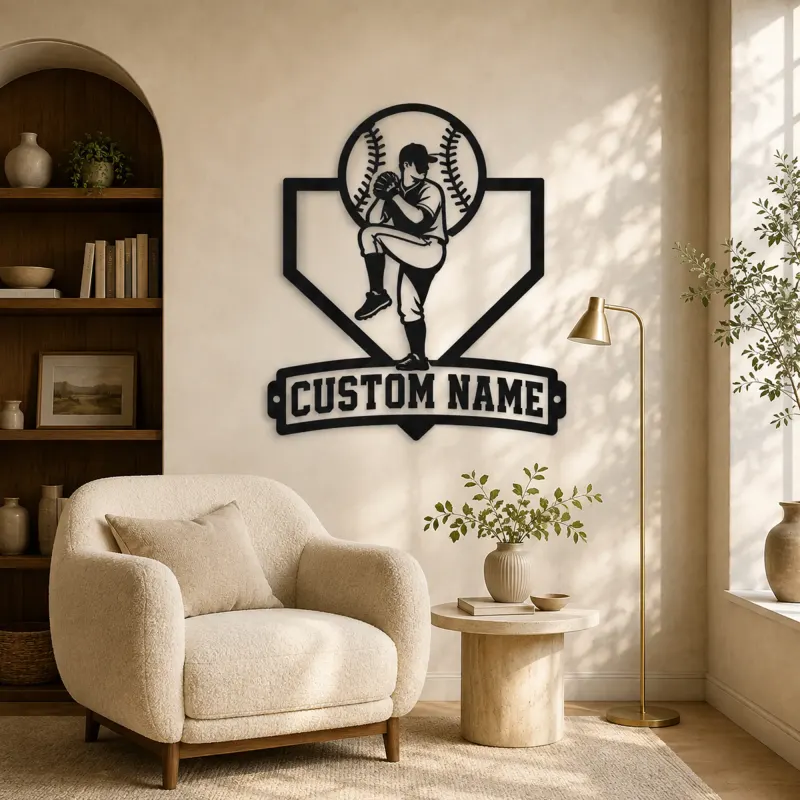 Personalized Baseball Pitcher Windup Metal Wall Art - lifestyle view 5