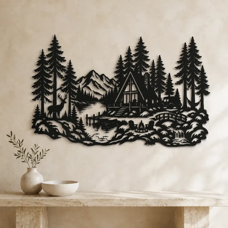 A-Frame Cabin Woods Metal Wall Art | Nature Silhouette Decor - lifestyle view 3