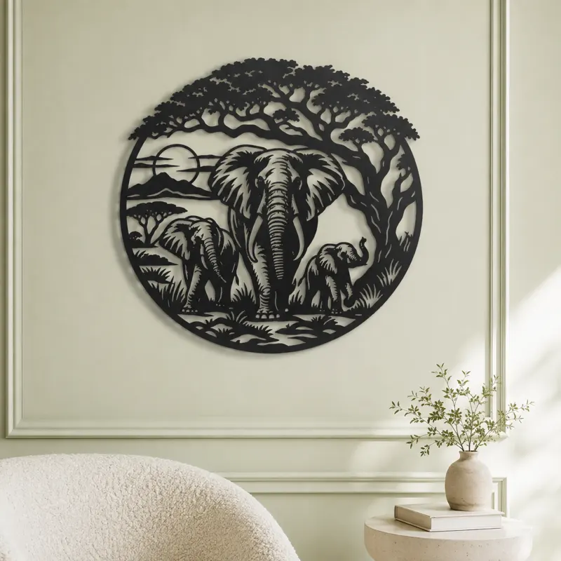 Elephant Tree Circle Metal Wall Art | Wildlife Silhouette Decor - lifestyle view 2
