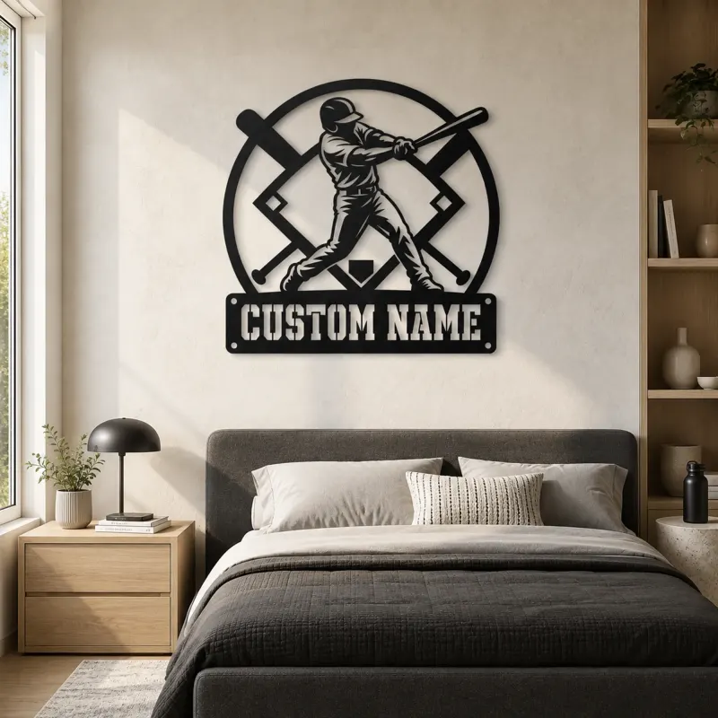 Personalized Baseball Batter Metal Wall Art with Crossed Bats - lifestyle view 3