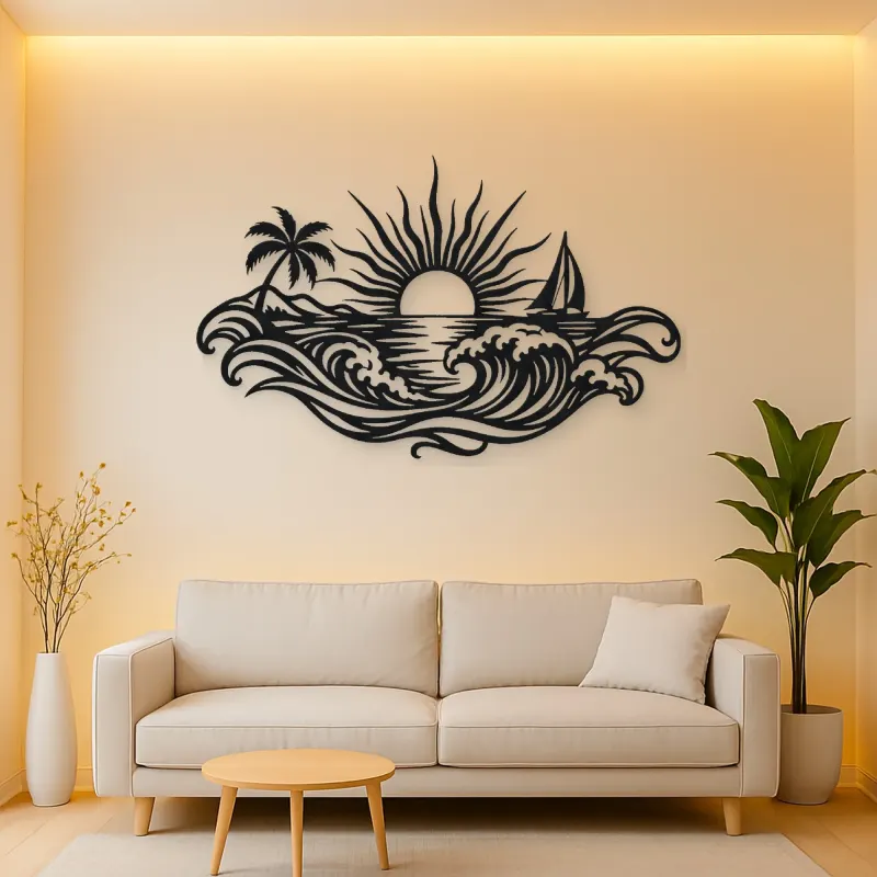 Rising Sun over Waves Metal Wall Art | Celestial Boho Wall Decor
