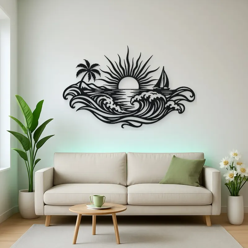 Rising Sun over Waves Metal Wall Art | Celestial Boho Wall Decor