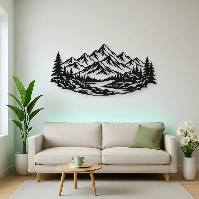Cabin below the Peaks Metal Wall Art | Nature Silhouette Decor