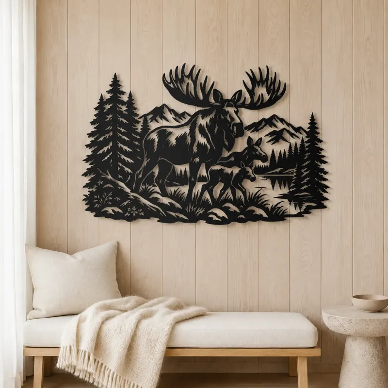 Moose Pine Forest Metal Wall Art | Wildlife Silhouette Decor - lifestyle view 5