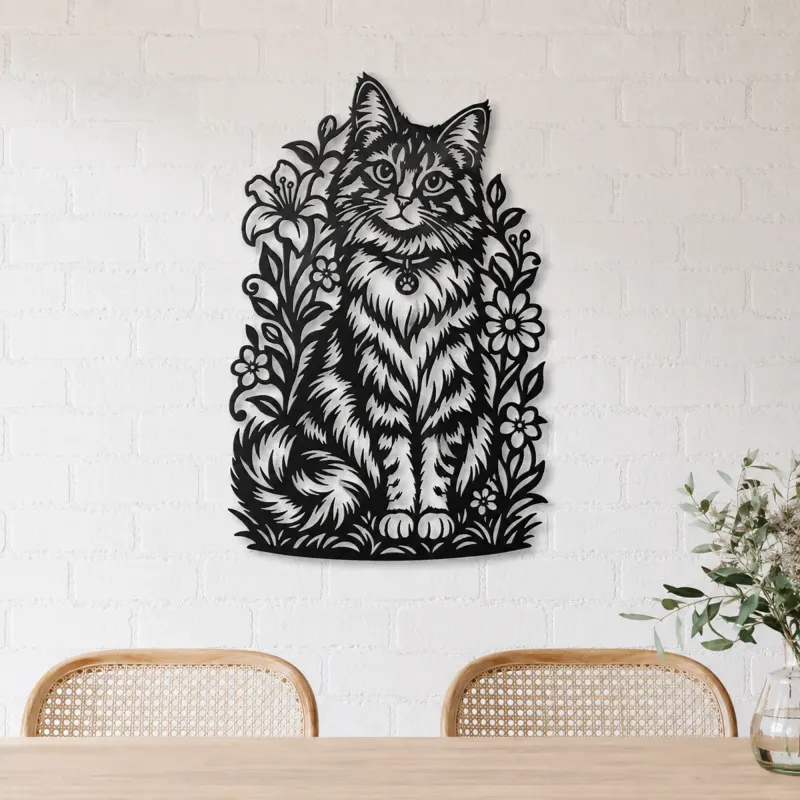 Sitting Cat Floral Metal Wall Art | Pet Lover Silhouette Decor - lifestyle view 4