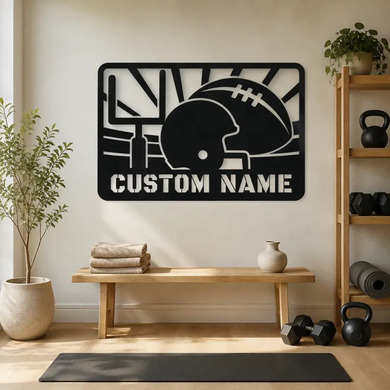 Personalized Football Helmet Metal Wall Art with Goalposts - lifestyle view 4