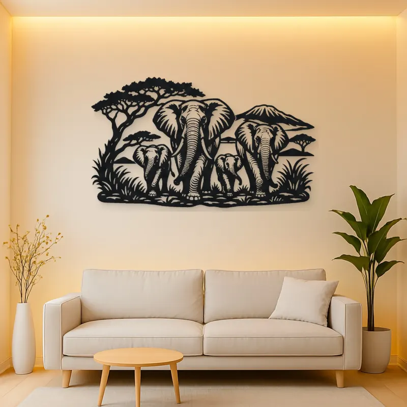 Elephant Family Walk Metal Wall Art | Wildlife Silhouette Decor