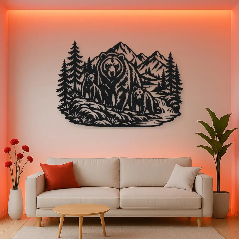 Bear Mountain Scene Metal Wall Art | Wildlife Silhouette Decor