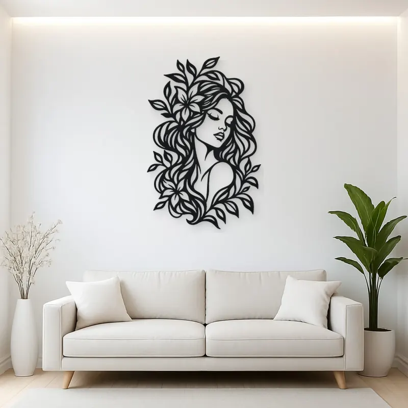 Botanical Hair Face Metal Wall Art | Minimalist Woman Line Art