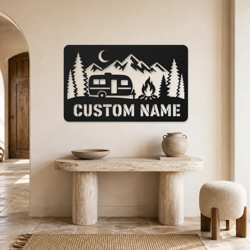 Personalized Travel Trailer Metal Wall Art with Campfire - lifestyle view 3