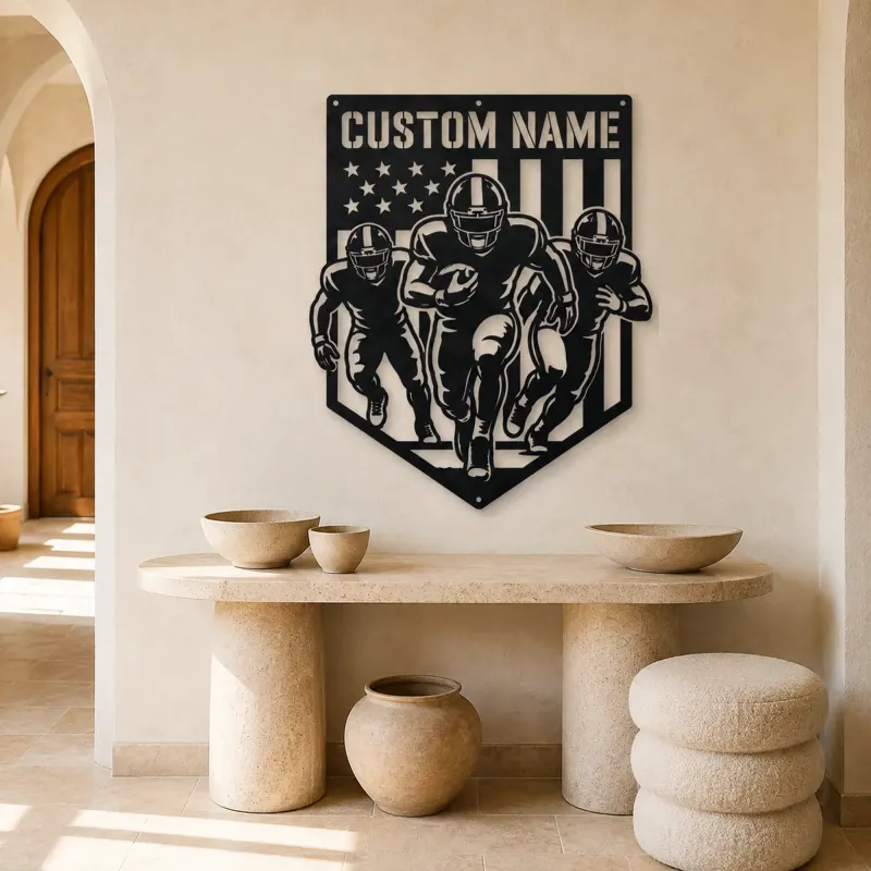 Personalized Three Football Players American Flag Metal Wall Art - lifestyle view 3