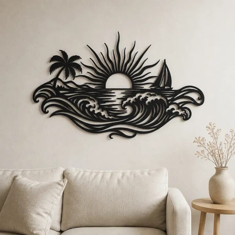 Sol Naciente sobre Olas Cartel de Metal | Decoración Boho Celestial