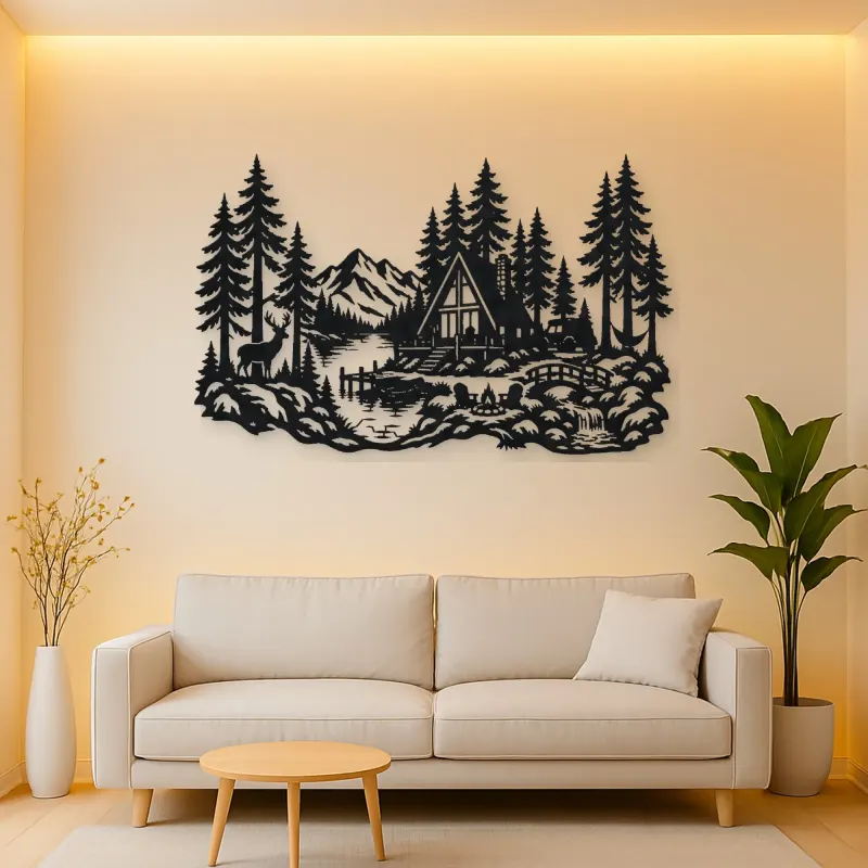 A-Frame Cabin Woods Metal Wall Art | Nature Silhouette Decor