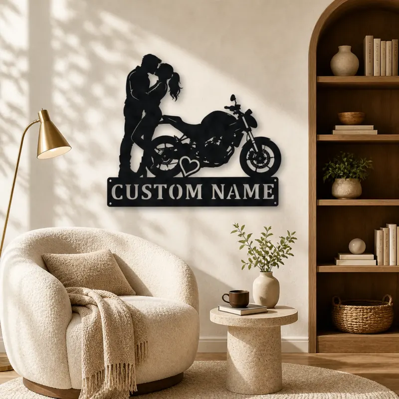 Personalized Kissing Couple Motorcycle Metal Wall Art with Heart - lifestyle view 5