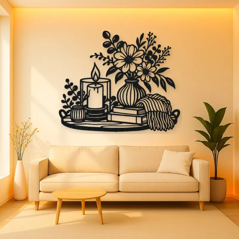 Candle and Flowers Metal Wall Art | Cozy Home Metal Decor