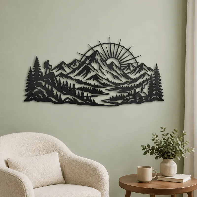 Mountain Sunrise Arc Metal Wall Art | Nature Silhouette Decor - lifestyle view 2