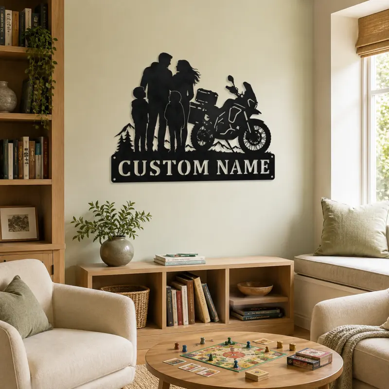 Personalized Adventure Motorcycle Mountain Family Metal Wall Art - lifestyle view 4
