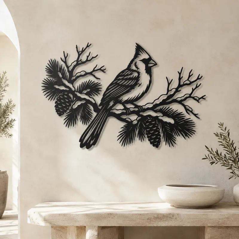 Cardinal Winter Branch Metal Wall Art | Wildlife Silhouette Decor - lifestyle view 3