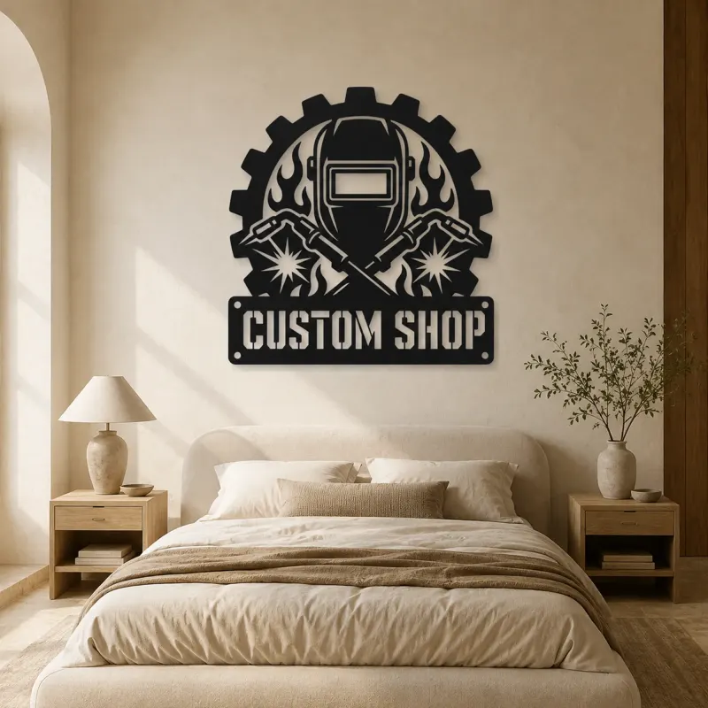 Personalized Welder Helmet Metal Wall Art with Crossed Torches - lifestyle view 3