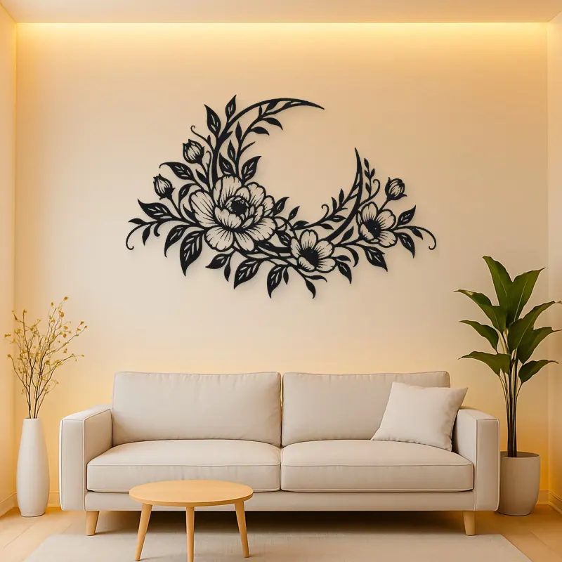 Floral Moon Arc Metal Wall Art | Botanical Metal Wall Decor