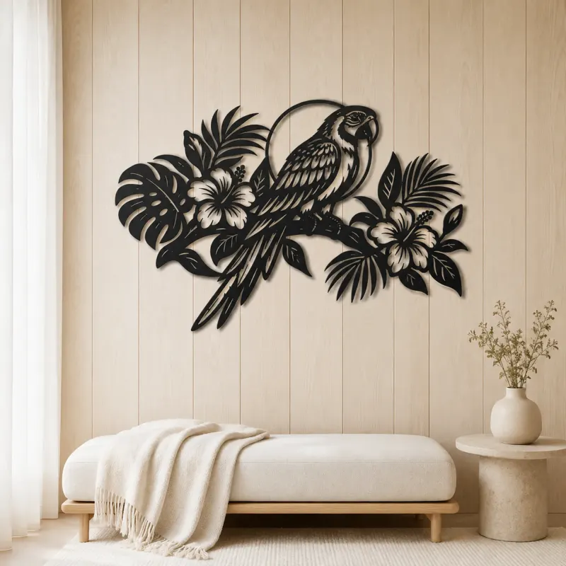 Parrot Tropical Branch Metal Wall Art | Wildlife Silhouette Decor - lifestyle view 5