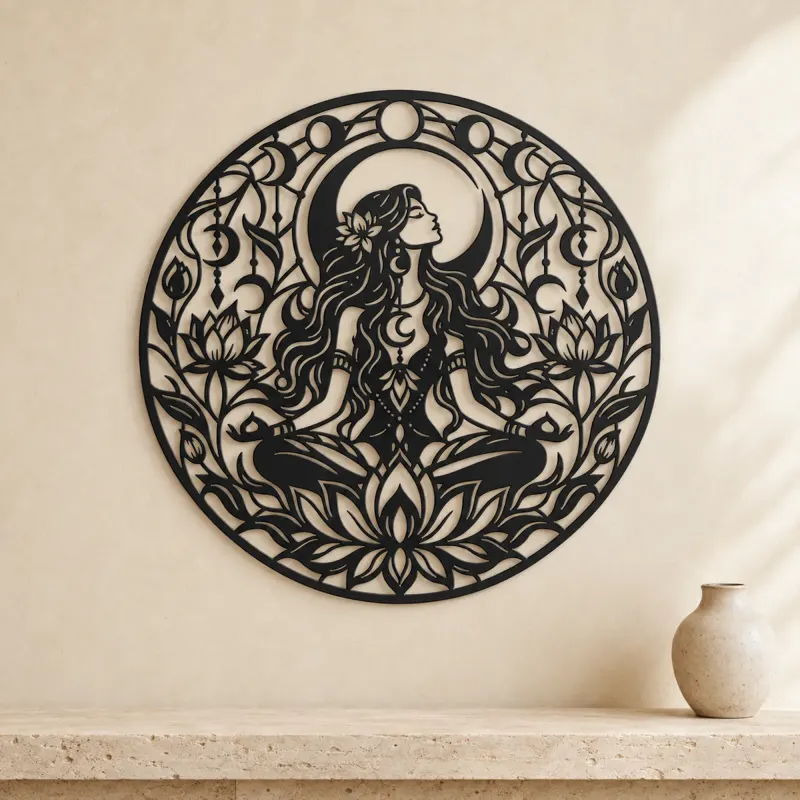 Lotus Moon Woman Metal Wall Art | Minimalist Woman Line Art - lifestyle view 3