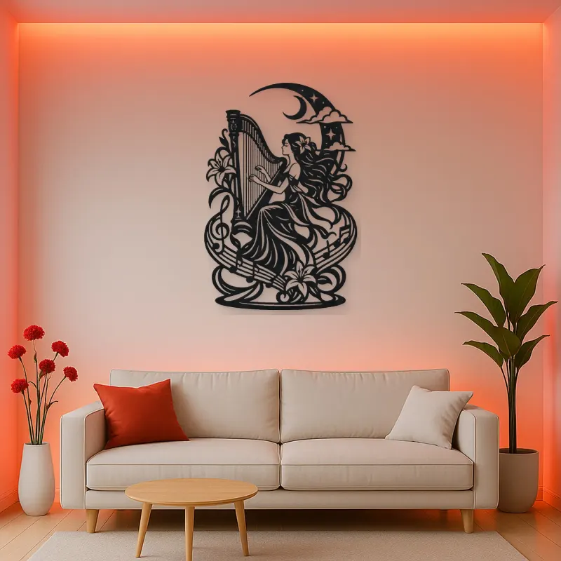 Harp Moon Curve Metal Wall Art | Music Room Wall Decor