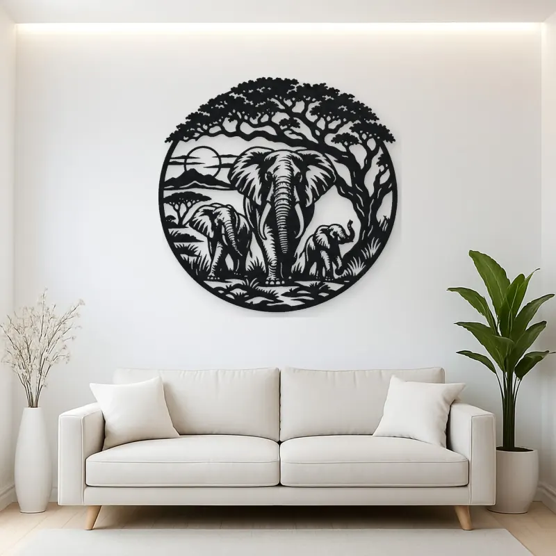 Elephant Tree Circle Metal Wall Art | Wildlife Silhouette Decor