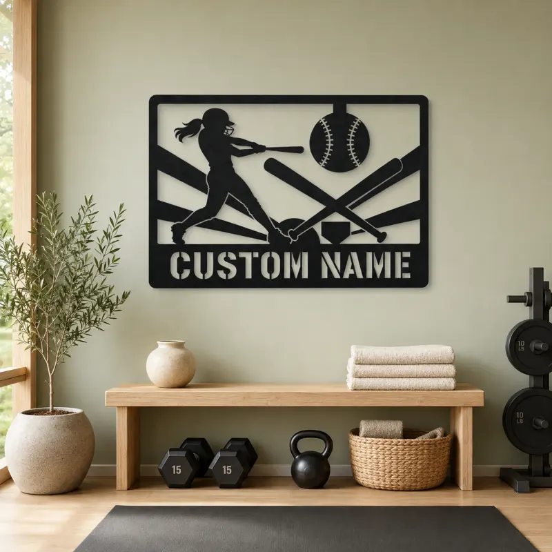 Personalized Softball Player Metal Wall Art with Crossed Bats - lifestyle view 4