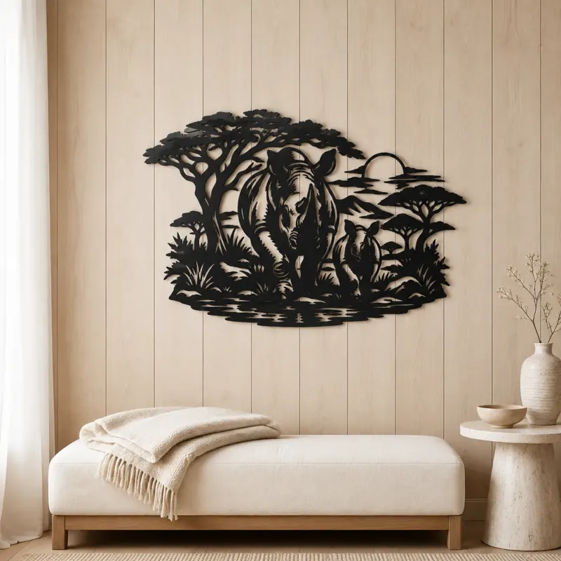 Rhino Savanna Metal Wall Art | Wildlife Silhouette Decor - lifestyle view 5