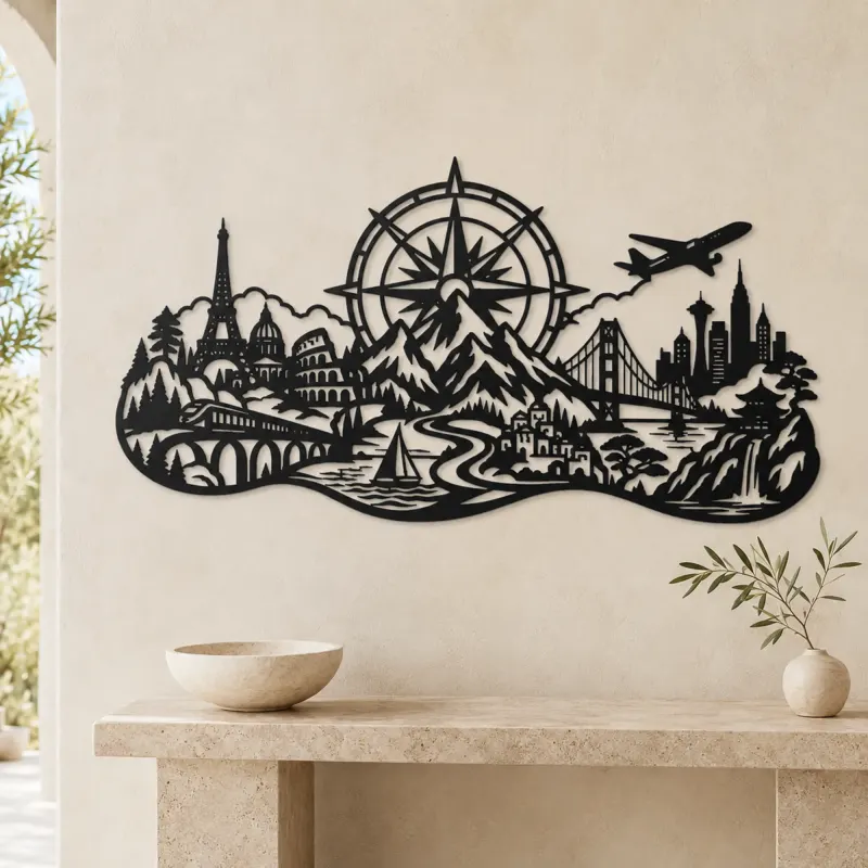 Compass Mountain Flow Metal Wall Art | Nature Silhouette Decor - lifestyle view 3