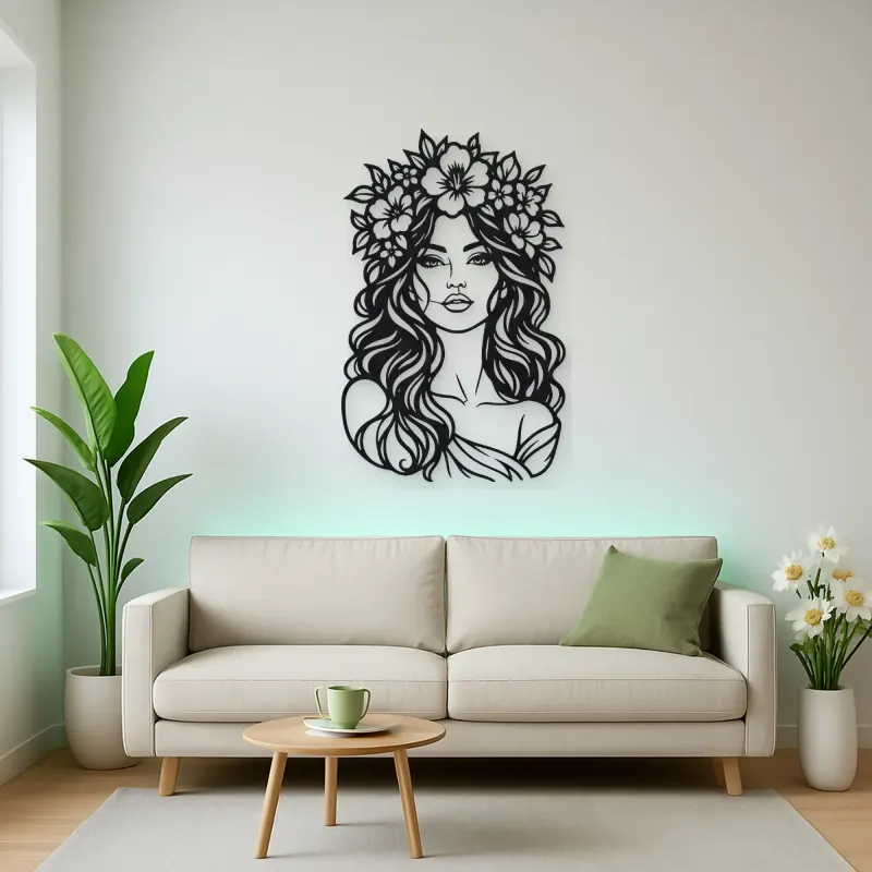 Floral Crown Muse Metal Wall Art | Minimalist Woman Line Art