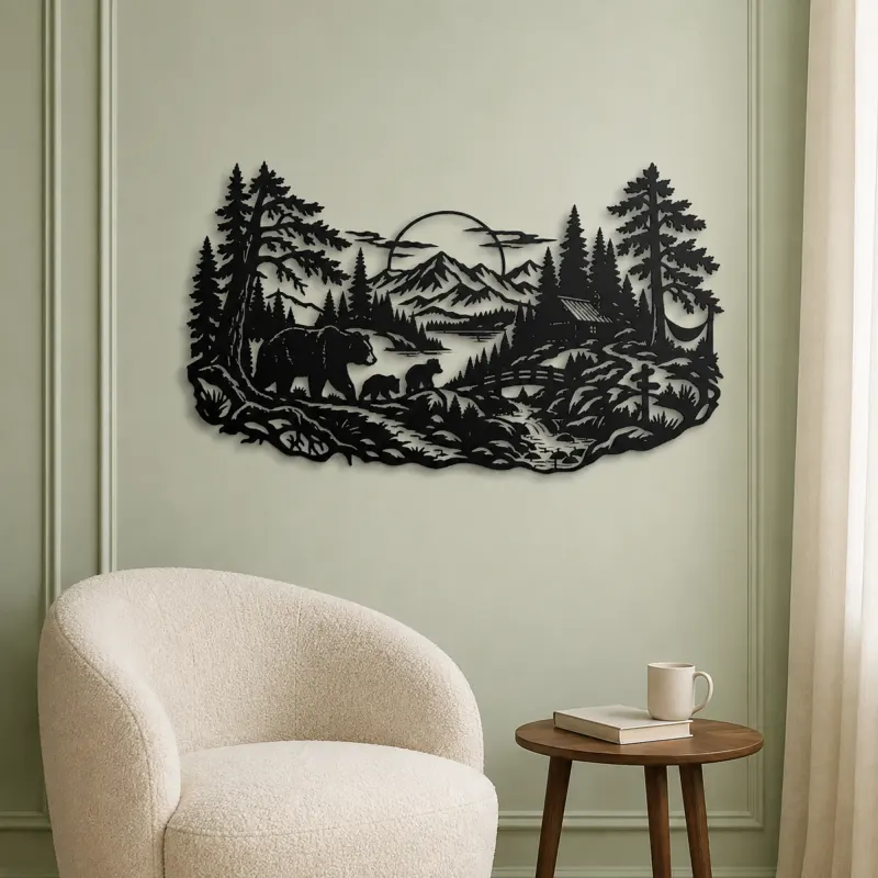 Bear Forest Trail Metal Wall Art | Wildlife Silhouette Decor - lifestyle view 2