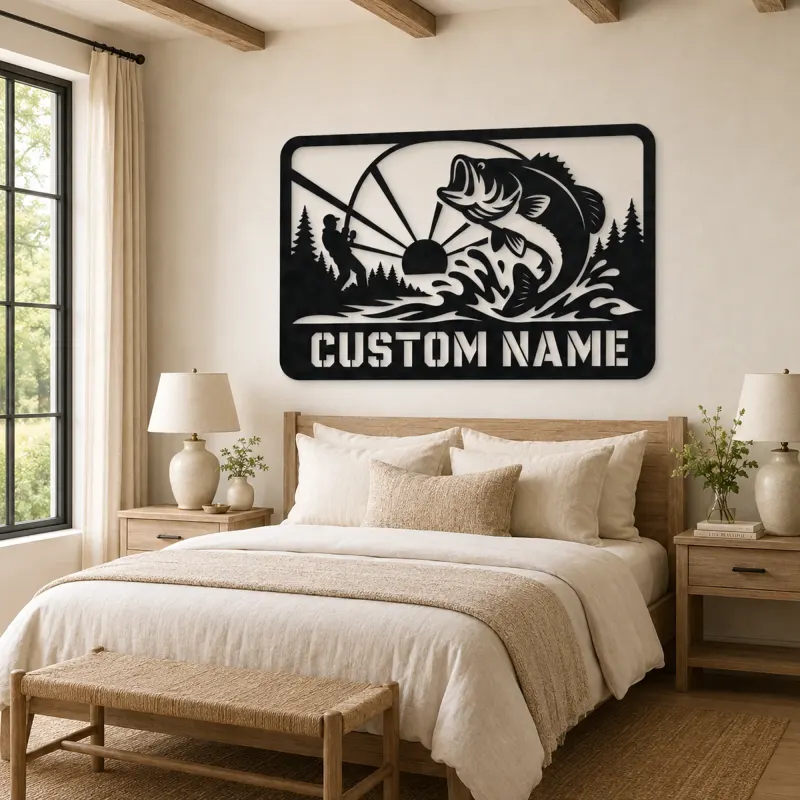 Personalized Bass Fishing Metal Wall Art with Fisherman - lifestyle view 2