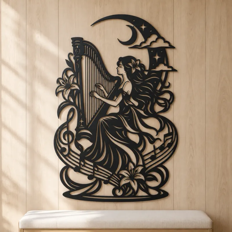 Harp Moon Curve Metal Wall Art | Music Room Wall Decor - lifestyle view 5