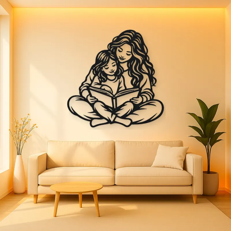 Parent Child Reading Metal Wall Art | Family Silhouette Decor