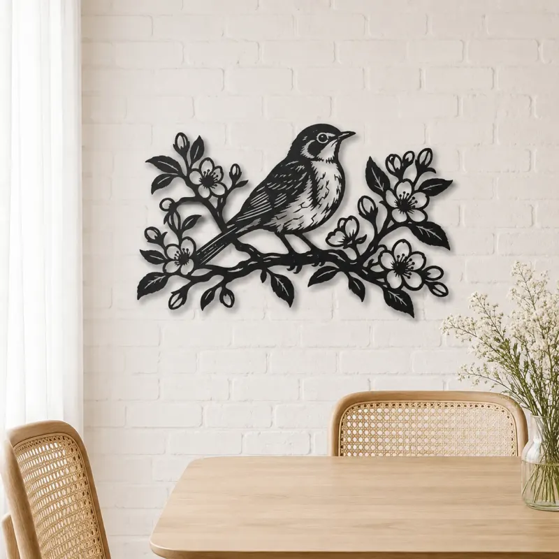 Robin Spring Branch Metal Wall Art | Wildlife Silhouette Decor - lifestyle view 4