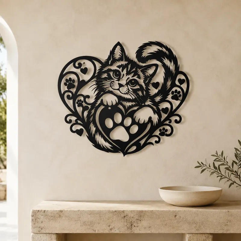 Cat Paw Heart Metal Wall Art | Pet Lover Silhouette Decor - lifestyle view 3