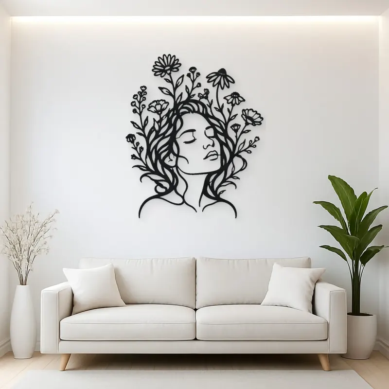Wildflower Face Metal Wall Art | Minimalist Woman Line Art