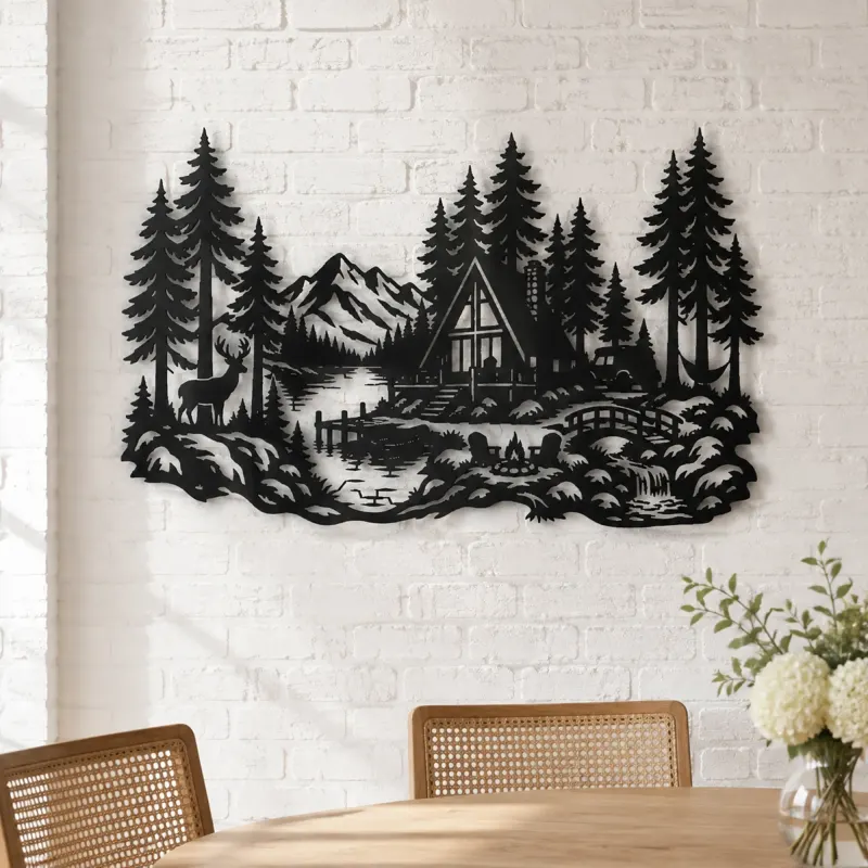 A-Frame Cabin Woods Metal Wall Art | Nature Silhouette Decor - lifestyle view 4