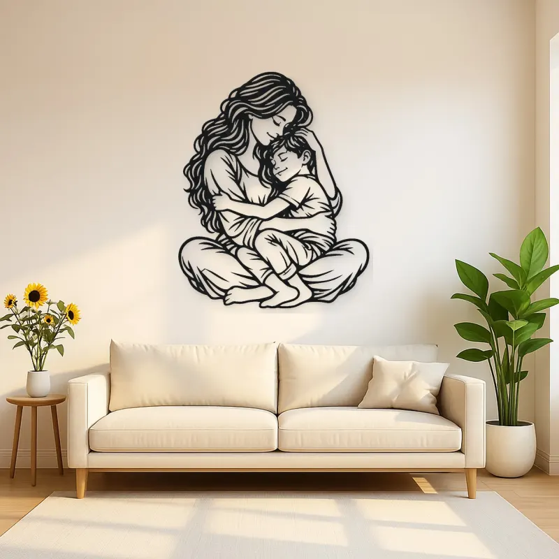 Mother Son Cuddle Metal Wall Art | Family Silhouette Decor