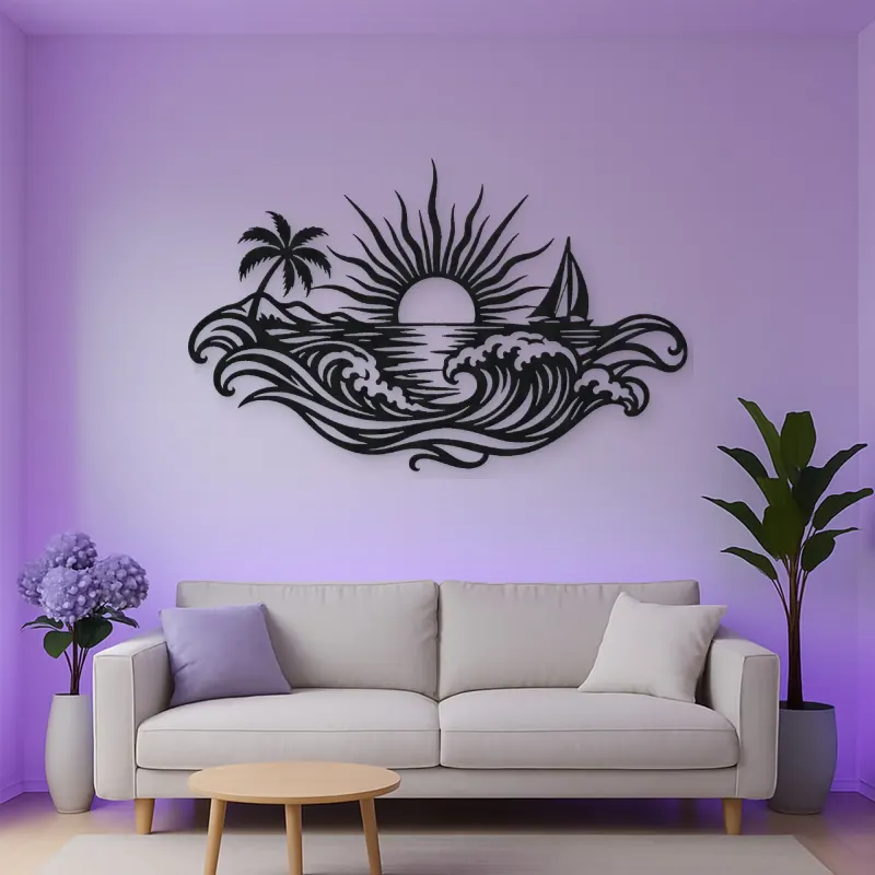 Rising Sun over Waves Metal Wall Art | Celestial Boho Wall Decor