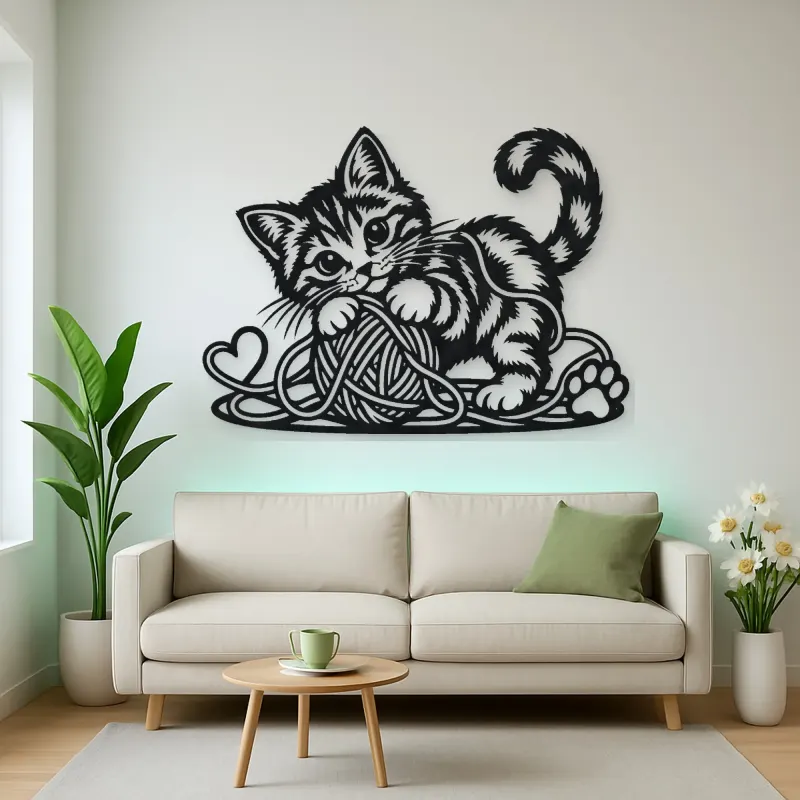 Playful Kitten Yarn Metal Wall Art | Pet Lover Silhouette Decor