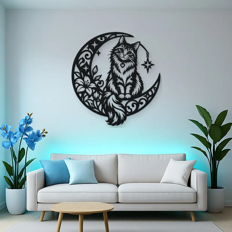 Cat on Moon Arc Metal Wall Art | Pet Lover Silhouette Decor