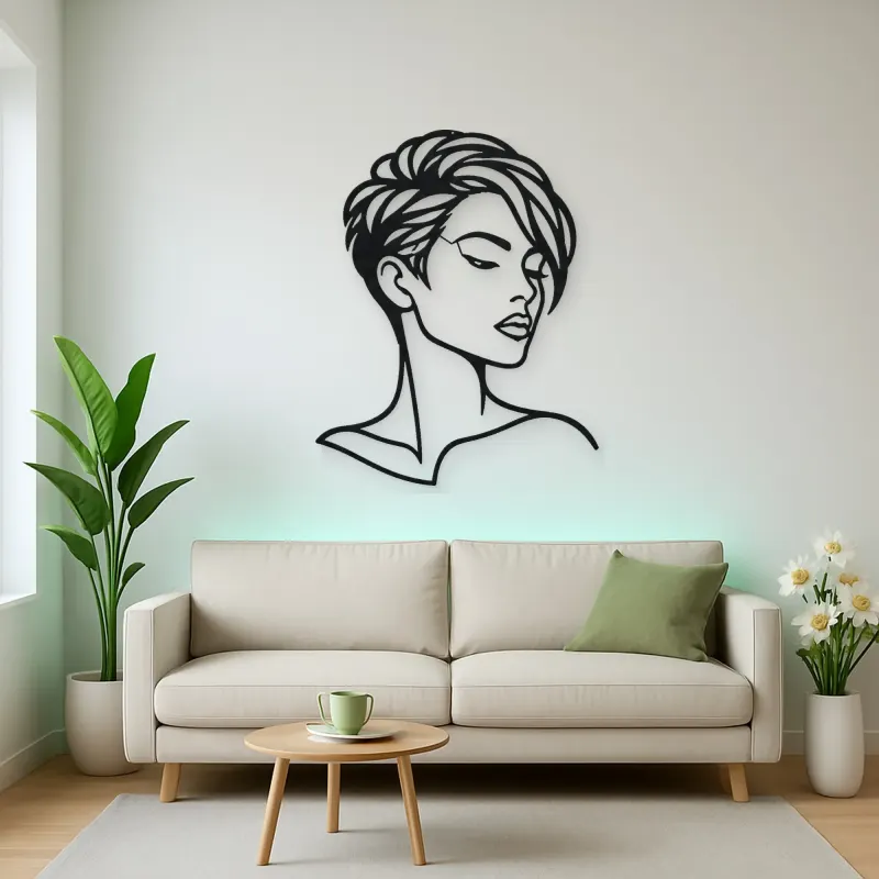 Short Hair Modern Face Metal Wall Art | Minimalist Woman Line Art